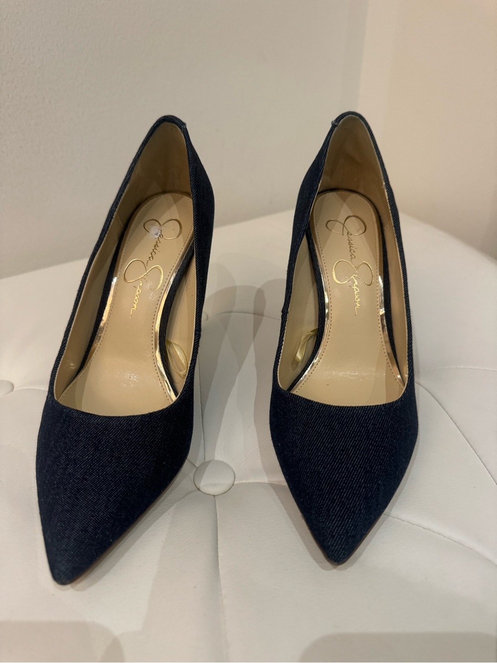 Jessica Simpson Dark Navy Denim and Gold Pointed-Toe Pumps
